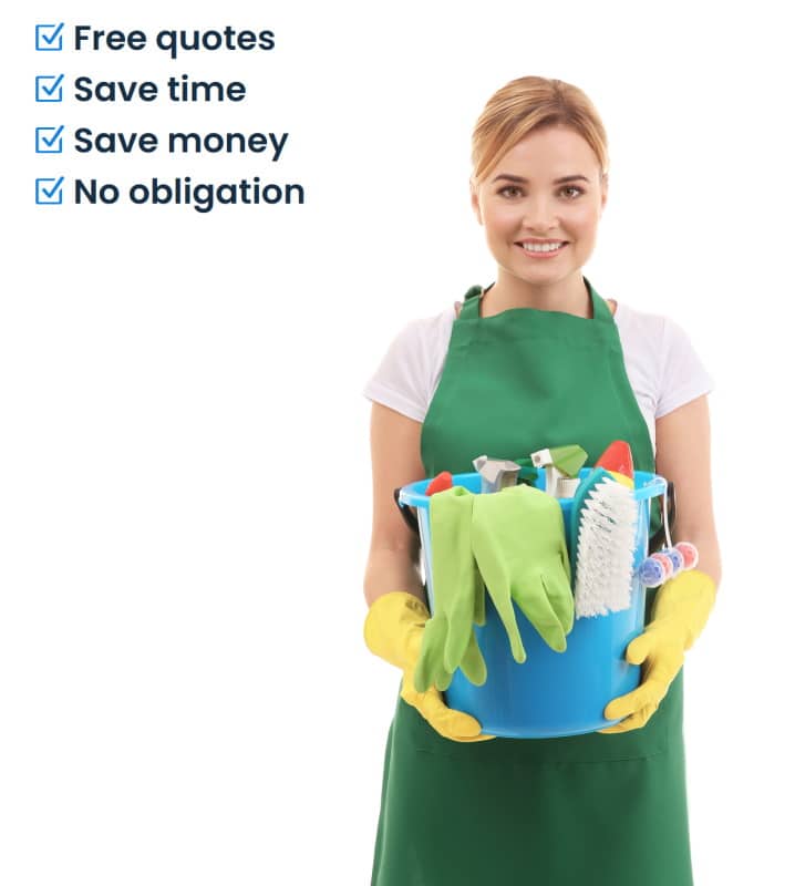 Image of an office cleaner with bucket of cleaning products