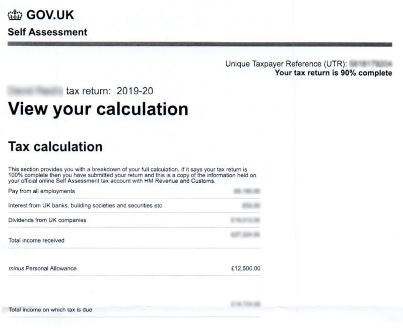Scan of a UK self assessment tax return calculation