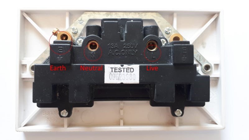 Picture of UK socket with earth, neutral and live wires marked