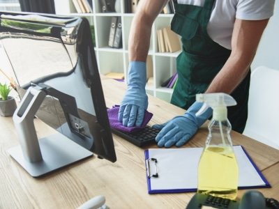 Image of cleaner cleaning office desk