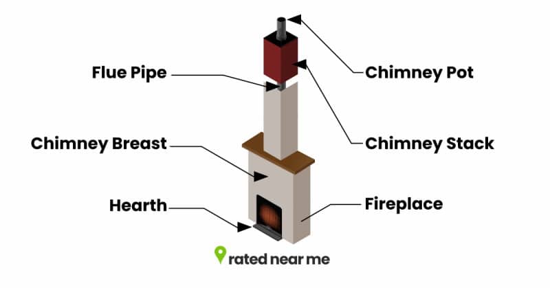 Image showing parts of a chimney, including hearth, breast, stack and chimney pot