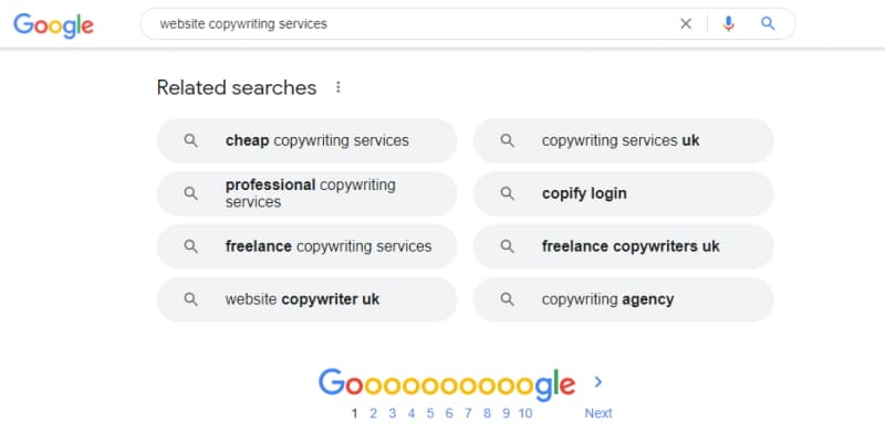 Screenshot of Google Related searches for website copywriting services