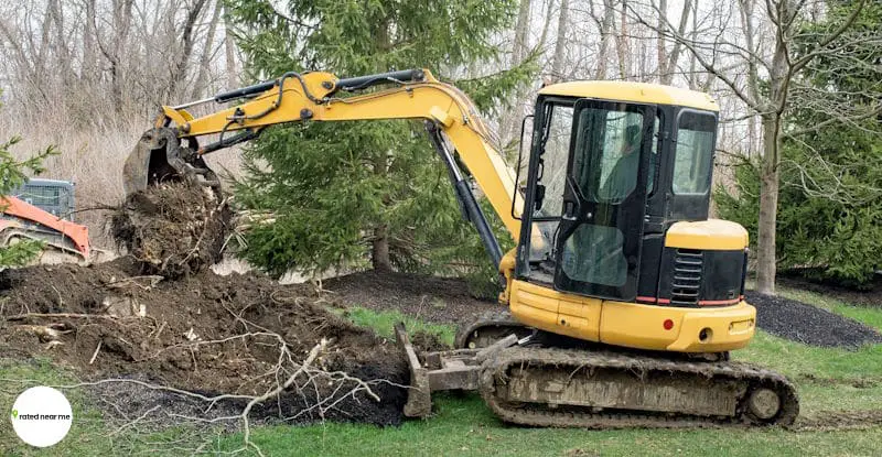 Excavator removing tree stump